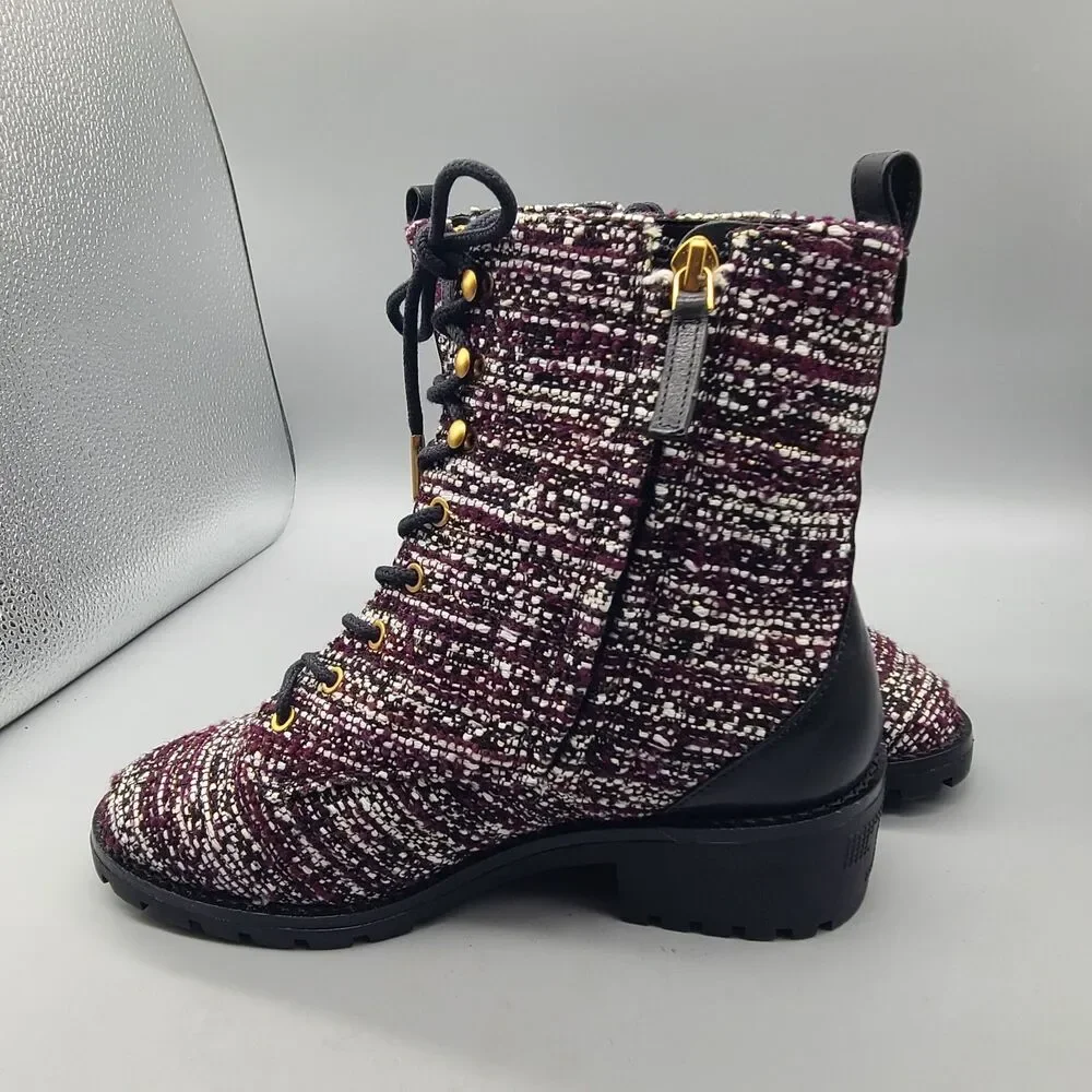Tory Burch Boots Tweed Wool Lug Sole Combat Chunky Block Heel Zipper Sz 7.5 NEW